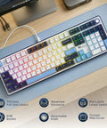 Wired Full Size Mechanical Gaming Keyboard with 104 Keys and Premium Metal Volume Knob Featuring Five Layer Sound Dampening for Hella Smooth Taps and Fire Rapid Response Time on a desk.