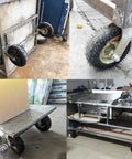 Four Pack Rubber Pneumatic Caster Wheels Featuring Swivel And Fixed Setups used on heavy-duty carts showing different angles and applications.