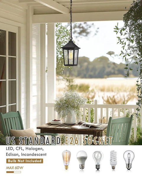 Outdoor Pendant Light For Porch And Patio Farmhouse Exterior Hanging Lantern With Adjustable Chain Matte Black Finish And Seeded Glass Weatherproof ETL Listed For Wet Locations Durable Rust Resistant Exterior Lighting