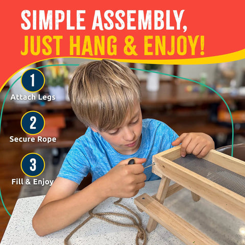 Child assembling Picnic Table Bird Feeder Kit For DIY Family Fun With Tools And Paint Set FSC Certified New Zealand Pine Backyard Nature Activity For Kids Ages 6 And Up.