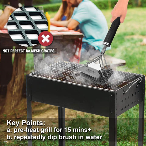 Bristle Free Grill Brush And Scraper 18 Inch Safe BBQ Cleaner For Porcelain Grates And Gas Or Charcoal Grills in use on outdoor grill