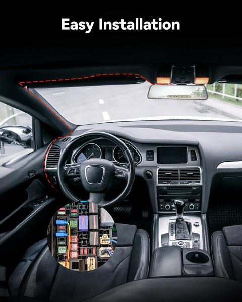 Car interior showing dash cam setup using Usb C 4A Hardwire Kit 11.48ft For Dash Cams Converts 12V-24V To 5V With Battery Drain Protection