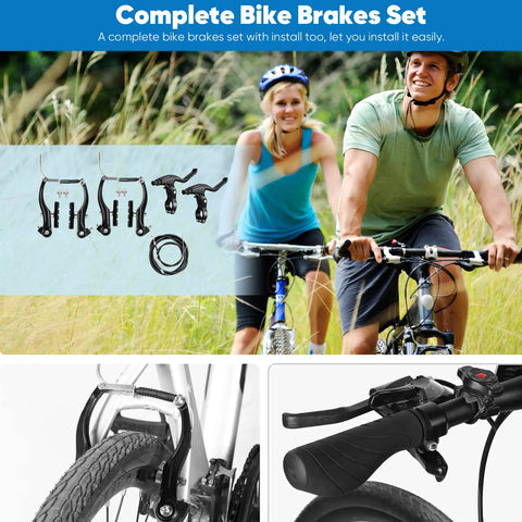 V-Type Bike Brake Set With Front And Rear Calipers, Universal MTB Brakes, Inner And Outer Cables, Levers, End Caps, Multi-Tool Wrenches