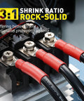 Close-up of red heat shrink tubing connections on wires for waterproof seal, part of 620-Piece Solder Seal Wire Connectors And Heat Shrink Tubing Kit For Waterproof Marine And Automotive Wiring Projects Includes 10-26 AWG Solder Seal Connectors And 3 To 1 Shrink Tubing All In One Electrical Repair Kit.