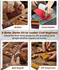 Leather Working Tools Kit Max Version With Custom Handbag shown in use for wallet, card holder, belt repair, and DIY keychain projects.