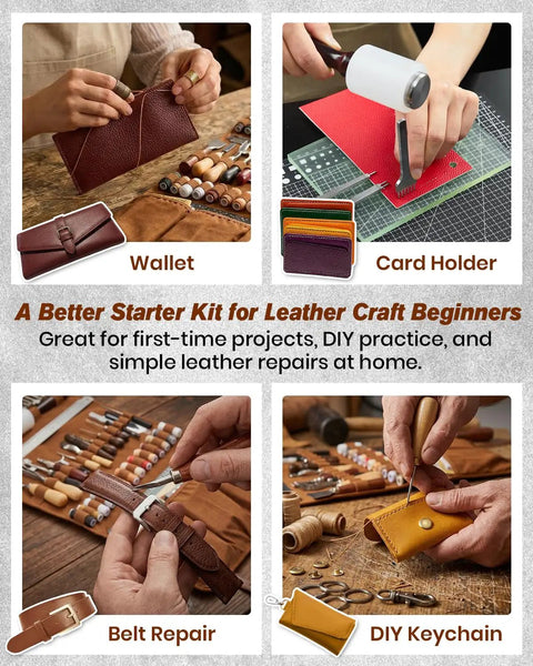 Leather Working Tools Kit Max Version With Custom Handbag shown in use for wallet, card holder, belt repair, and DIY keychain projects.