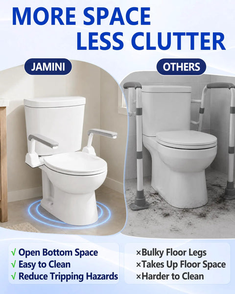 Comparison of Heavy Duty Adjustable Toilet Safety Rail Giving Rock Steady Grip and Quick No Drill Setup for Seniors and Pregnant Moms.