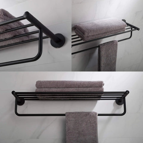 Elie Matte Black Bathroom Shelf With Towel Bar Built Tough From Solid Brass Rust Resistant Heavy Duty Wall Mount Space Saving Organizer For Toiletries And Washcloths Modern Finish