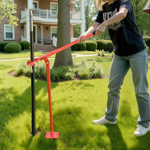 Heavy Duty Beast Steel T Post Puller For Round Posts And Sign Posts, Labor Saving Lever Design, Handles Up To 661 Pounds, Built To Remove Deep Set Wood Posts And Tough Metal Stakes, Tree Stumps, Lifting Chain Not Included, red steel puller removing a round post in a yard