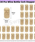 Wine Bottle Cork Stopper Kit With Dope PVC Heat Shrink Capsules, 60 pcs; natural cork stoppers with grape design, size 36mm x 20mm.