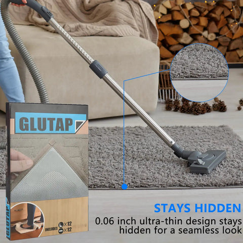 Non Slip Carpet Tape Kit 24 Pieces Edge Fixer to Stop Curling and Slippage on Tile and Hardwood Floors on living room rug.