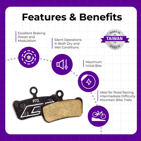Bike Disc Brake Pads For SRAM 4-Piston Calipers Compatible With Guide G2 Ultimate RSC RS R T AVID XO Trail Elixir 9 7 MTB And eMTB P72 Semi-Metallic 1 Pair High-Performance Enduro Grade Pads with features and benefits.