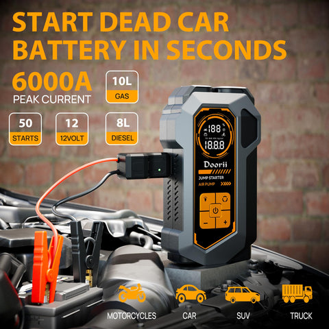 Ultimate 10 In 1 Car Jump Starter With Air Compressor 6000A Portable Power Bank in use jumping a car battery