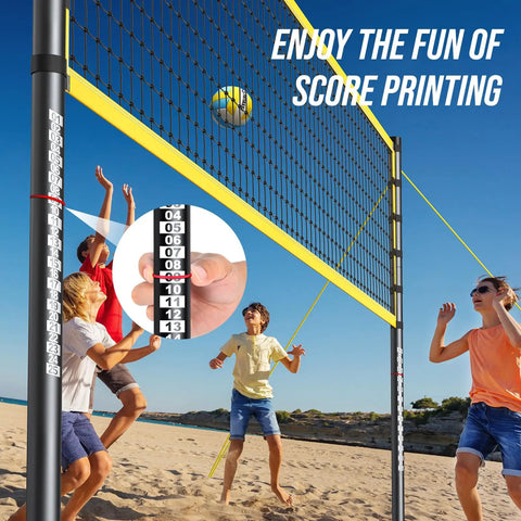 All In One Outdoor Volleyball Net Set For Backyard And Beach Fun, 32ft Regulation Size with adjustable height poles in use
