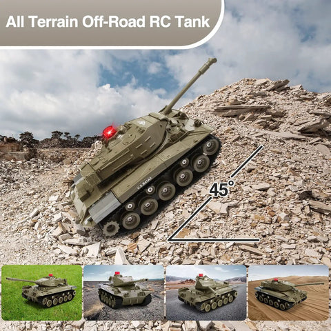 Remote Control Tank For Kids With Lights And Realistic Battle Sounds, Programmable M41A3 Army Tank climbing rubble at 45°