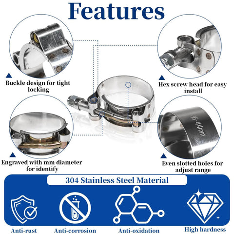 Features of 18 Pcs T Bolt Hose Clamp Kit Stainless Steel 304 Heavy Duty Clamps For Radiator Turbo Intercooler Hoses