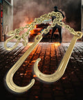 Beefy 5/16 Inch G70 Tow Chain with Large Shank J Hooks and Grab Hooks, shown against a dramatic backdrop.