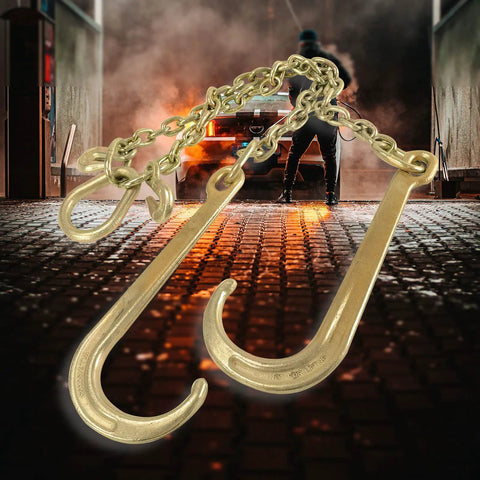Beefy 5/16 Inch G70 Tow Chain with Large Shank J Hooks and Grab Hooks, shown against a dramatic backdrop.