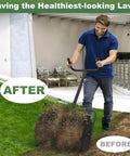 Man using Large Capacity 24 Inch Compost Spreader with T Shaped Handle on lawn for top dressing and seed spreading