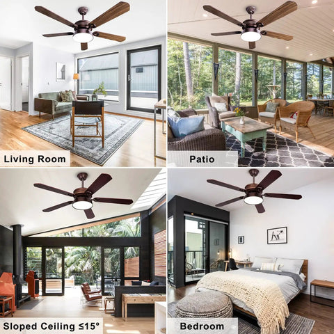 52 Inch Farmhouse Ceiling Fan With Light And Remote For Indoor Outdoor Spaces Bronze Finish 3CCT LED in various rooms