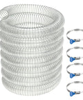 Heavy Duty Four Inch PVC Dust Collection Hose With Killer Suction Power And Reinforced Wire Spiral For Zero Drama Kink Free Hookup In Auto Garages And Woodworking Benches Includes Four Quick Clamps stacked with four clamps on the side.