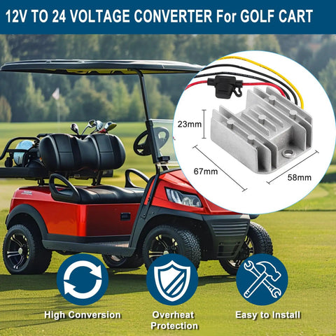 12V To 24V Boost Converter 3A Waterproof Power Module For Golf Carts, image with size dimensions and golf cart background