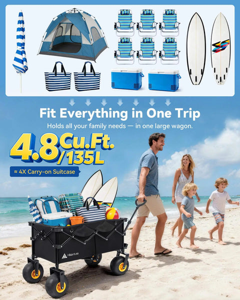 Family using Beach Wagon With Balloon Wheels Seven Point Five Inch Soft Sand Glide Heavy Duty Cart 330 Lb Capacity Foldable Utility Wagon on the beach.