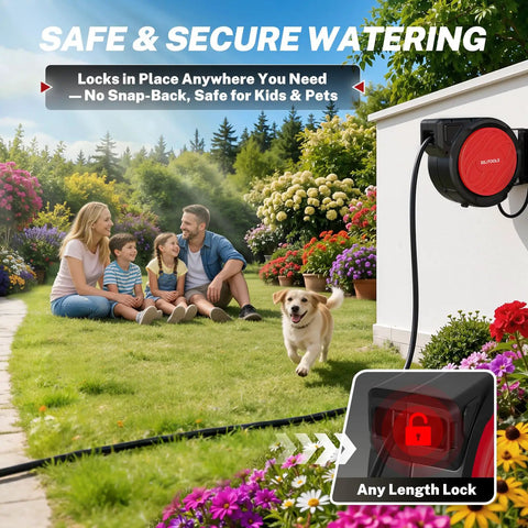 Family enjoying garden with Retractable Garden Hose Reel One Half Inch By 50 Ft Wall Mounted Outdoor Hose Organizer visible.
