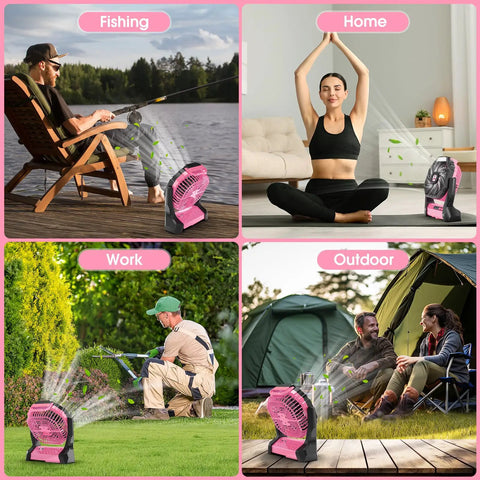 Four scenes showing Go To Portable 20000mAh Rechargeable Fan With LED Lantern in use: fishing, home yoga, gardening, and camping outdoors.