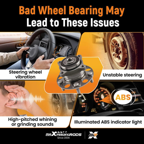 Diagram showing issues caused by faulty wheel bearing, featuring steering wheel vibration, unstable steering, noise, and ABS light.