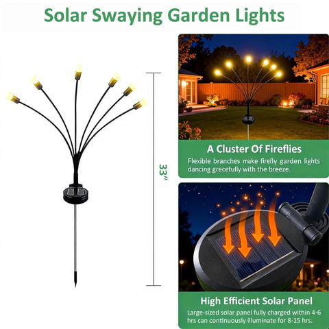 Two Pack Solar Firefly Lights For Outdoors Waterproof Garden Pathway Yard Patio Decor Swaying In The Wind LED Landscape Accent Lighting For Romantic Night Vibe with solar panel and swaying light effect
