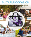 Collage showing Insulated Picnic Backpack Tote Bag With 30L Capacity White Purple Butterflies Cooler Bag in picnic and camping scenes.