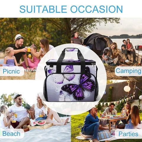 Collage showing Insulated Picnic Backpack Tote Bag With 30L Capacity White Purple Butterflies Cooler Bag in picnic and camping scenes.