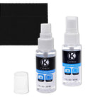 Lens And Screen Cleaning Kit With Two Cleaning Sprays And Two Microfiber Cloths For DSLR Lenses And All Device Screens No Fuss Quick Streak Free Clean Up For Cameras Smartphones Tablets Notebooks And More shown with 30ml bottles and cloths