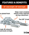 48 Inch Trailer Safety Chain With Three Eighths Inch S Hooks, Grade 30 Chain, Two Thousand Pound Break Strength For Towing