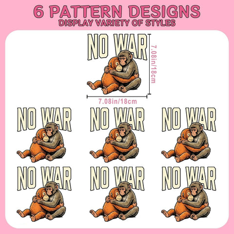 Dope Antiwar DTF Transfers Set For DIY Tees Six Pack, featuring 7x7 inch Monkey Punchs Antiwar Collection decals, No War text.