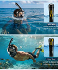 Person using Full Face Snorkel Mask With 180 Degree Panoramic Lens, Top Dry Valve, in water; Black Blue, Small Medium