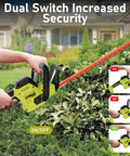 22 Inch Cordless Hedge Trimmer With Two Batteries And Charger 20V Lightweight Handheld Electric Hedge Cutter in use on hedge