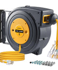 45 Foot Retractable 12 Gauge Extension Cord Reel With 3 Conductor SJTOW, wall mount, lighted triple tap and hardware shown