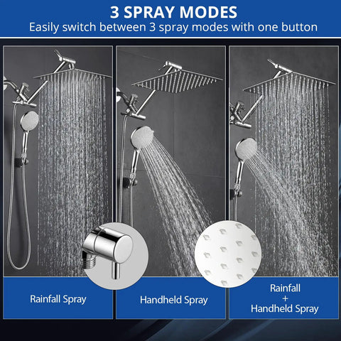 High Pressure Rainfall Shower Head Combo with 10 inch rain face, handheld spray, 3 spray modes, adjustable extension arm.