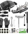 All In One 27 Piece Bike Repair Kit with 120 PSI Mini Pump, 16 in 1 Multitool, glue-free tire patches, and storage bag.