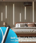 Bedroom with LED Recessed Lighting Kit for Wood Slat Walls and Cabinets, highlighting self-adhesive light bars and warm ambiance.