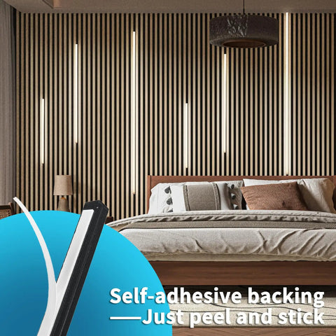 Bedroom with LED Recessed Lighting Kit for Wood Slat Walls and Cabinets, highlighting self-adhesive light bars and warm ambiance.