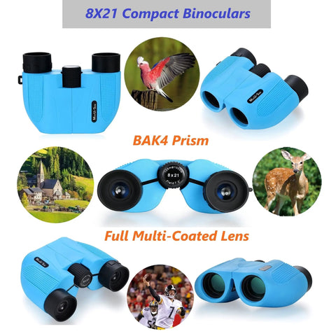 Kids Moon Telescope For Beginners With Finder Scope And 3 Eyepieces, Portable Refractor Telescope Kit For Stargazing, Bird Watching, Travel Binoculars Included, Easy Setup For Family Astronomy Nights. Blue 8x21 compact binoculars with BAK4 prism
