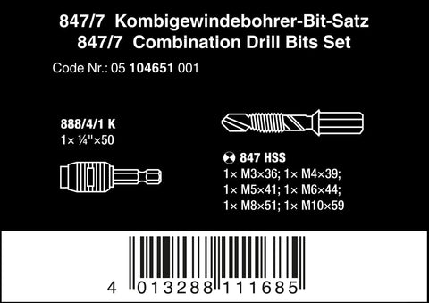 Diagram and specifications for 7 Piece Combination Tapping Drill Bit Set With Rapidaptor Quick Change Holder
