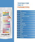 Top Shelf Drinking Water Test Strips Kit For Well Tap And City Water Quickly Checks 16 Essential Parameters, showing testing instructions and parameters.