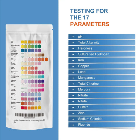 Top Shelf Drinking Water Test Strips Kit For Well Tap And City Water Quickly Checks 16 Essential Parameters, showing testing instructions and parameters.