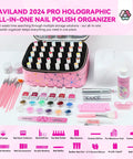 Holographic Pink Nail Polish Organizer Bag For 30 Bottles And UV Lamp with nail tools and accessories displayed in front.