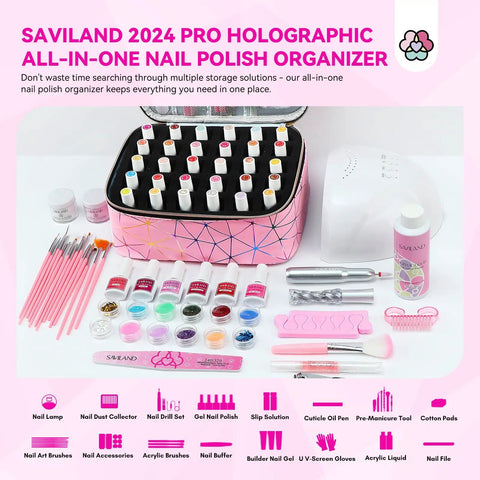 Holographic Pink Nail Polish Organizer Bag For 30 Bottles And UV Lamp with nail tools and accessories displayed in front.
