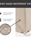 Close-up of Heavy Duty Waterproof Outdoor Side Table Cover showing vinyl lining and drawstrings for all-weather protection.